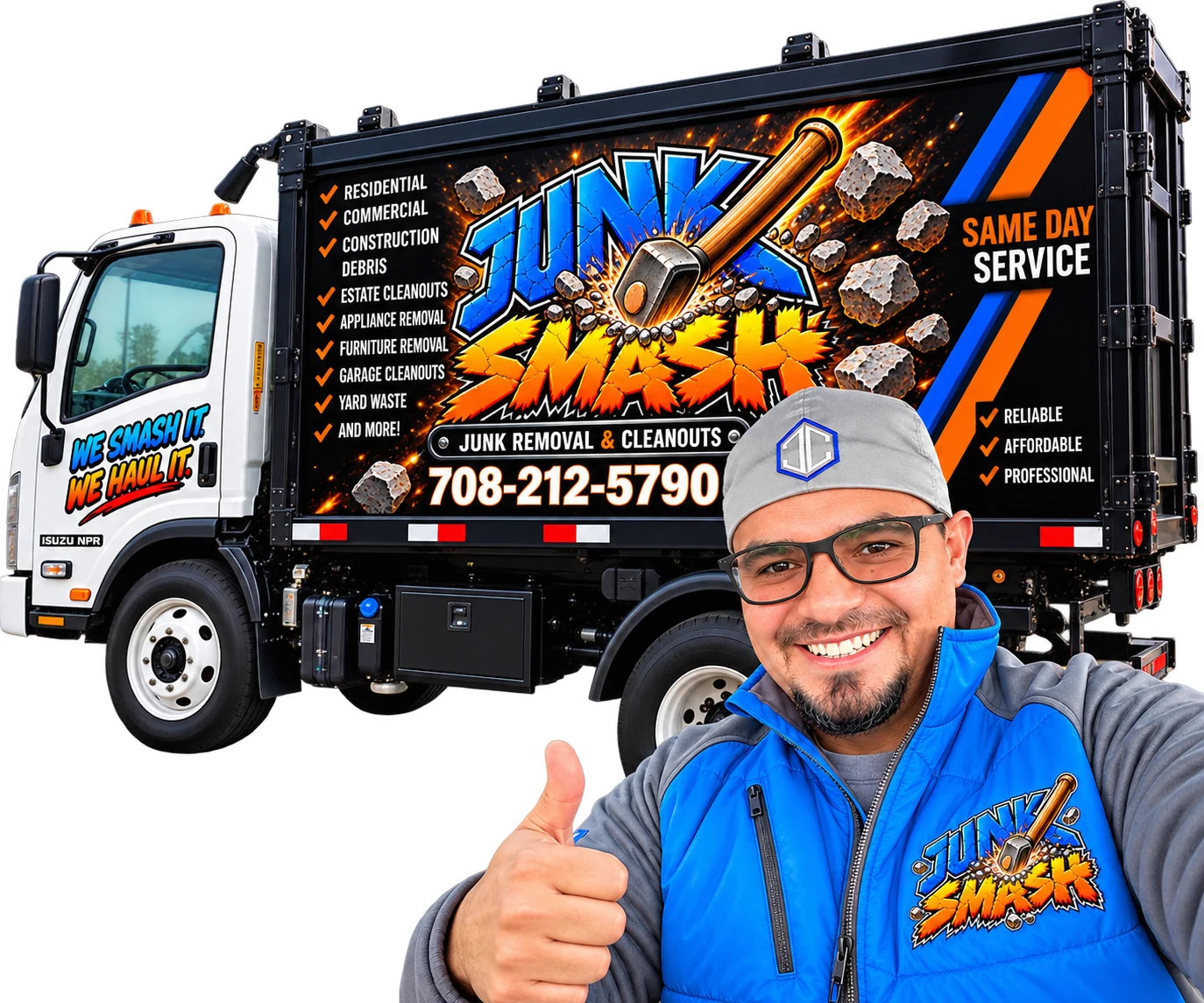 José Soares with the Junk Smash truck, wearing his JC Custom Tile hat